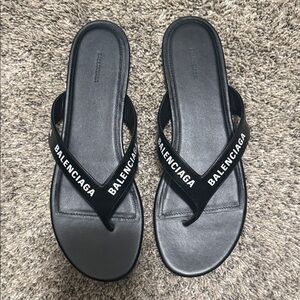 Balenciaga Black Logo Thong Sandals with White Text